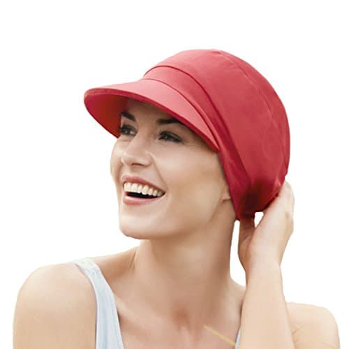 Cotton sun cap with peak and drapery with UPF 50+ solar protection, red colour