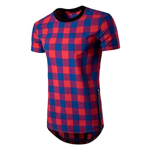 YoursLike Summer Plaid Zipper Shirt for Men Pullover Blouse Short Sleeved Tops T-Shirts (XXL, Blue)