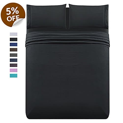 Luxe Manor 4pc Queen Size Bed Sheet Set - Soft Brushed Microfiber Fitted Flat Sheet & Embroidered Pillow Case Set - Deep Pocket Wrinkle Free Hypoallergenic Bedding, Best Christmas Gifts, Black