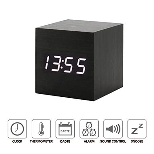 DB.WOR Sound Control Electronic Alarm Clock Mini LED Light Temperature Display Portable Digital Travel Clocks Healthy and Fashionable for Home and Office, Black Wood Plus White Light