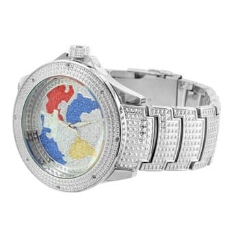 Genuine Diamond World Map Dial Multi Color Ice Time Joe Rodeo White Finish Watch