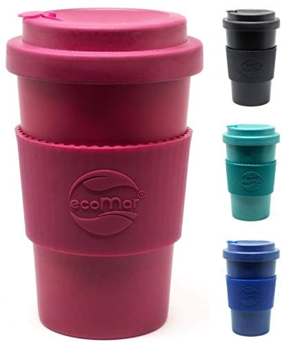 ecoMar Reusable, Biodegradable Bamboo Coffee Cup with Screw-on lid - 14oz / 400ml - 10% Profits for Charity - Available in 4 Colours - (Berry)