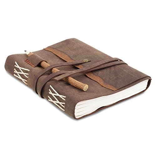 Rustic Leather Writing Journal with Handmade Recycled Cotton Paper, Natural Stick Pencil and Gift Box for Men Women, use as a diary, journal, Artist sketch book (6 x 8, DK BROWN + PENCIL)