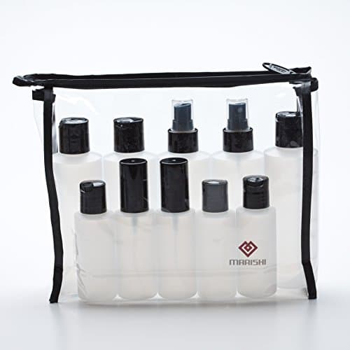 Plastic Bottles with Caps and Pumps for Liquids. Set of 10 in Zippered Carry Bag. Includes 6 Oz and 2 Oz Sizes. Each Set with 3 Disc Top Caps and 2 Fine Mist Sprayers