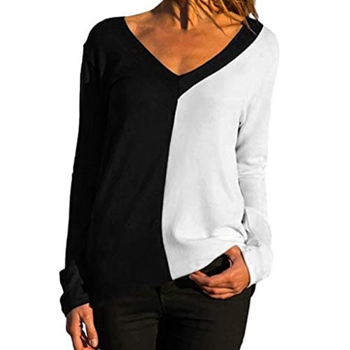 Women Tees Long Sleeve V-Neck Patchwork Pullover T-Shirt Blouse Tops Slim Fit Comfy Tunic Shirt