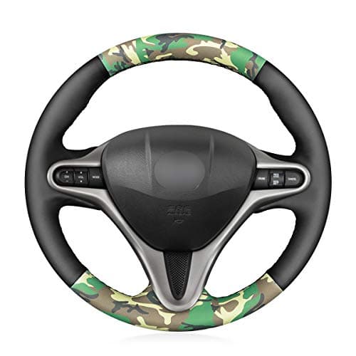 MEWANT Customized Hand-Stitch Sewing Camouflage Pattern and Black Artificial Leather Car Steering Wheel Cover for Honda Civic Civic 8 2006-2011 (3-Spoke)