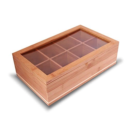 Everything Bamboo Wooden Tea Bag, Condiment or Small Accessories Storage Organizer Caddy with Clear Lid &amp; 8 Compartments