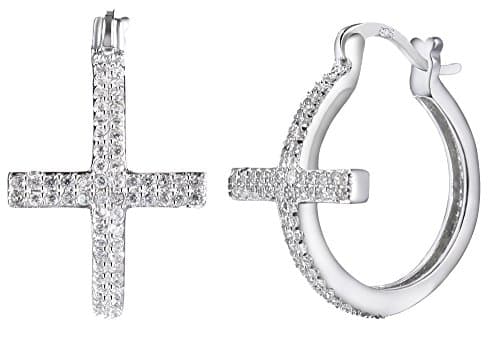 Ruth G Sterling Silver Platinum-Plated Cross Hoop Earrings