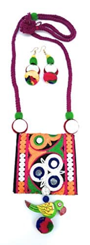Prapti handicraftCotton Thread Kuchi Aari Work Multi-Colour Necklace Earring Jewellery Set For Women