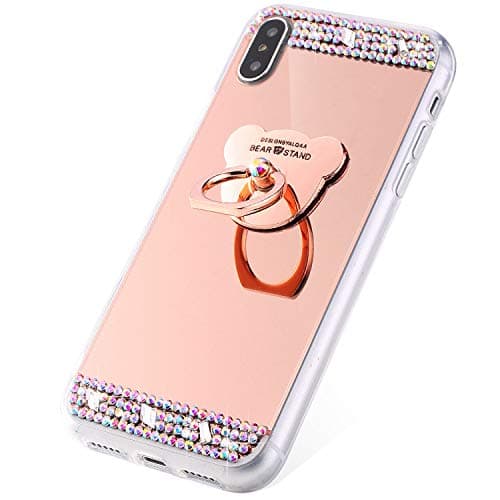 SainCat Case Compatible with iPhone XS Max,Glitter Sparkle Bling Diamond Rhinestone With Bear Ring Stand Shiny Case Shock-Absorption Slim Fit TPU Silicone Bumper Case+Rose gold