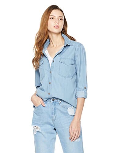 Lily Parker Women's Basic Classic Long Sleeve Denim Chambray Shirt TS1101 Large Light Blue