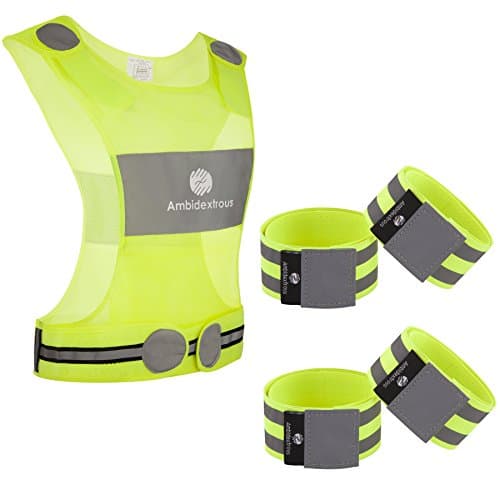 Reflective Running Vest and 4 Reflective Arm bands : Lightweight Running Vest Reflector set : Hi Viz Women & Men Reflective Running Gear with Pockets: Ideal Biking Vest & Reflective Leg Bands set
