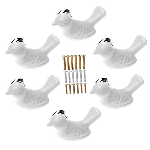 Bird Shape Ceramic Knobs DIY Door Drawer Cupboard Pull Handle Furniture Kitchen Handle Knobs and Pulls for Cabinets with Screws, Pack of 6 (White)