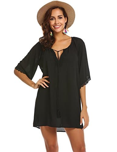 Ouyilu Women's Casual Beach Smock Tassel Pullover Solid Color Beachwear Sun-Proof Cover-ups Free Size(Black Large)
