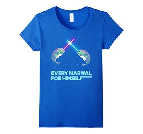 Womens Save the Narwhals EVERY Narwal for himself Funny GRAPHIC TEE Large Royal Blue