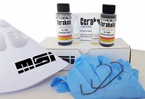 Burnt Bronze and Graphite Black Oven Cure, MSI Ceramic Firearm Paint Combo Bundle, 8 items: 2-45ml Cerakote Paint, Catalyst, Strainer, Gloves, Hanging hook, instructions and video Factory Warranty