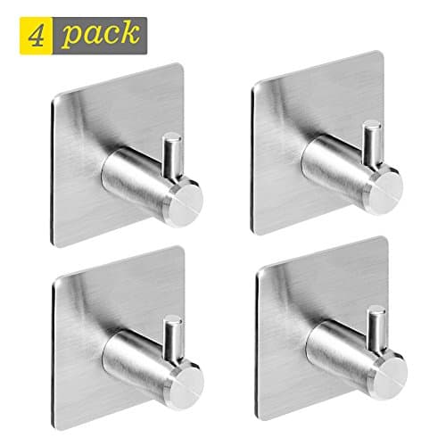 Adhesive Wall Hook, 4 Pack Stainless Steel Key Hook, Self Sticky Heavy Duty Metal Hook, Strong No Drill Damage Free Waterproof Hook for Coat Robe Towel Coffee Mug, for Bathroom Shower Kitchen Office