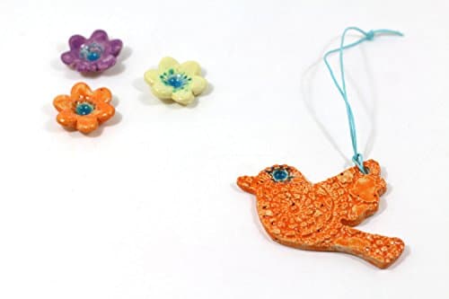 Handmade Orange Ceramic Bird Ornament for Wall Decor / Garden Decor / Christmas Tree / Favor