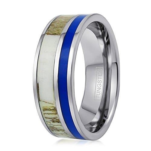 Beautiful & Rare 8mm Silver Tungsten Ring w Deer Antler & Blue Stone Inlays. Free Engraving (10)