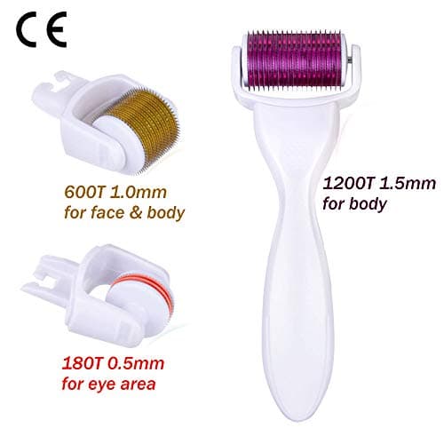 3 in 1 Derma Roller.0.5mm+1.0mm+1.5mm(180+600+1200 pin) Treat Wrinkles, Acne, Scars, Cellulite, Stretch Marks, Crow’s Feet & Under Eye Bags for a Smoother and Younger Skin