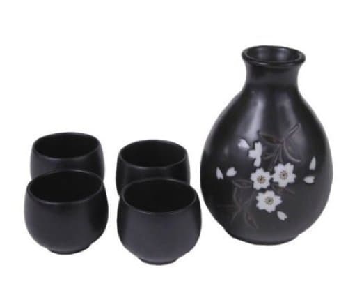 Japanese 5 Pc Sake Carafe & Cup Set Black Cherry Blossom