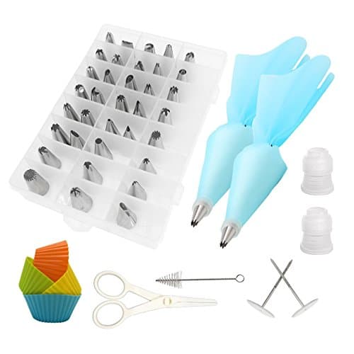 58Pcs Cake Icing Piping Nozzles Tips Decorating Baking Tools, IWIVI DIY Pastry Decoration Kits Include Reusable/Disposable Piping Bags, Couplers, Flower Lifter, Cake Nozzle Brush, Flower Nail (58 Pcs)