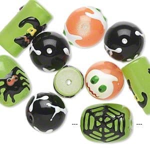 Halloween Glass Beads - Set of 10 - Witch Boot, Spider, Ghost, Web