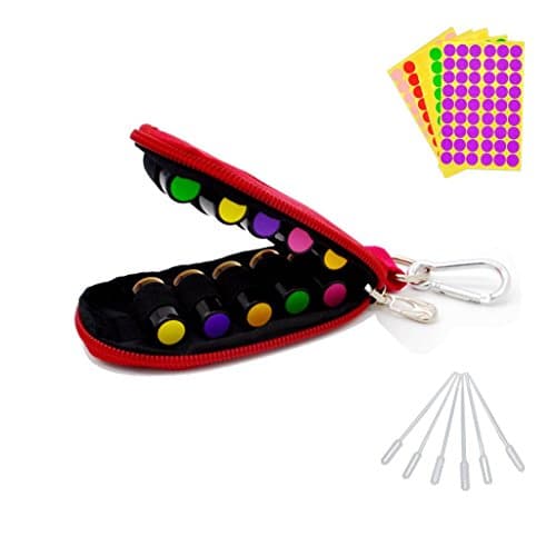 Stylish Essential Oil Key Chain Come with 10 Amber Roll On Bottles, Blank Labels, Droppers, Fits Easily in Purse or Makeup Bag, Carry Your Favorite Essential Oils Everywhere You Go, Red
