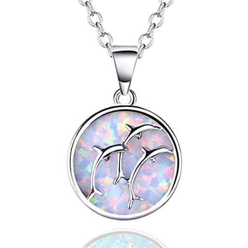 KELITCH 925-Sterling-Silver Circle White Created-Opal Dolphin Pendant Necklace for Women