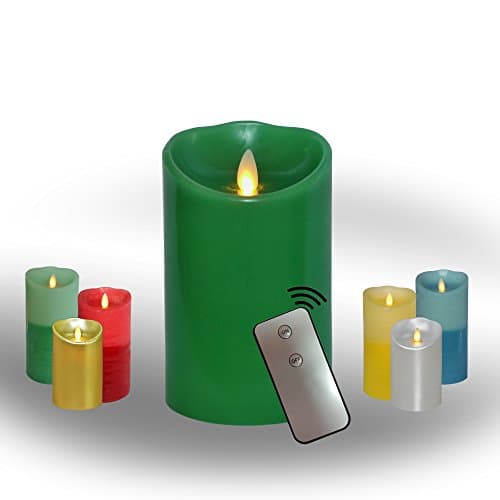 New! AEON Moving Wick Flameless Wax Pillar Candle with Timer and Remote Control - Most Realistic Swaying Flame. Safe, Clean, Classy Festive Decor. Ideal Candle Replacement. Unscented 3.5x5" Pine Green