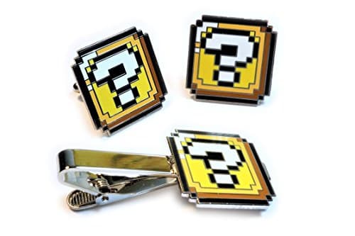 Super Mario World ? QUESTION BLOCK BOX Pixel SNES Suit Wedding TIE BAR CLIP CUFFLINKS SET