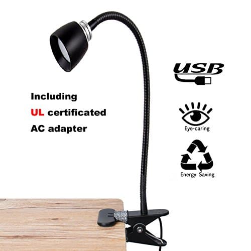 FOCUSAIRY Reading Light Lamp, Night Book Light, Energy-Efficient 3W LED Table Desk Lamp, 2 Brightness Levels Clip On for Desk Bed Headboard and Computers with USB Cable &amp; AC Adapter (Black)