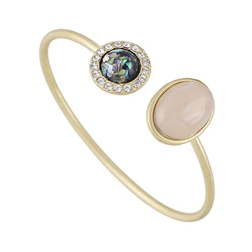Feelontop Gold Alloy Open Cuff Bangle Pink Opal Colorful Gem Decoration Boho Bracelet with Jewelry Pouch