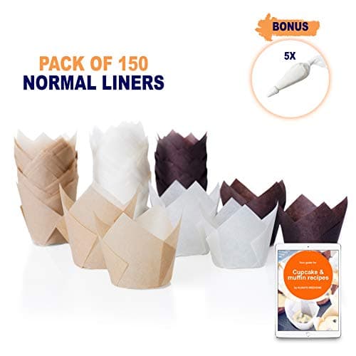 150 Cupcake tulip liners Unbleached Baking Cups - Natural Brown White Muffin liners With 5 Piping Bags And E-Book. Perfect To Bake Extra Topping Muffins, Fancy Stand Alone Parchment paper.