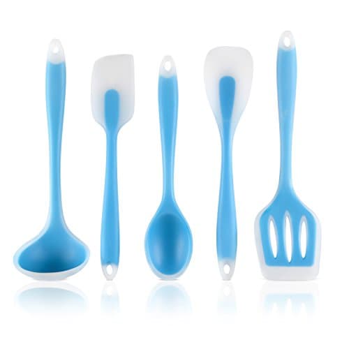 Silicone Kitchen Utensil Sets,Wik Suang 5 PieceNon Stick Heat Resistant Home Cooking Tools Contains Tablespoon,Drain Spade,Spatula,Spoon,Large Spoon (Blue)