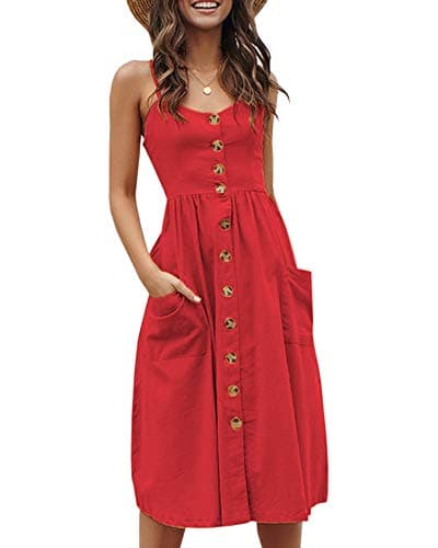 Imysty Womens Summer Spaghetti Strap Button Down Boho Casual Swing Midi Dress with Pockets