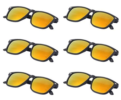 SCLM Mirror Lens Spring Hinge Lightweight Wayfarer Party Sunglasses (Pack of 6) (Gold, Black)