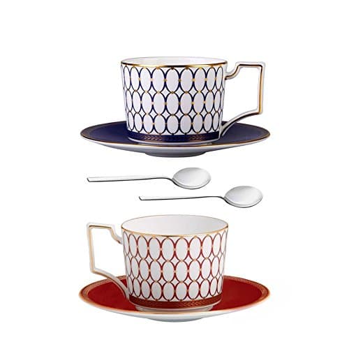 NDHT Bone China Teacups/Coffee Cups & Saucers Sets with Spoons- for Home, Restaurants, Display & Holiday Gift for Family or Friends,Red and Blue,with gift box(2 Sets)