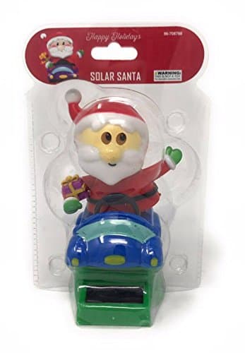 Happy Holidays Solar Powered Dancing Santa Holding Gift Box in Blue Car.