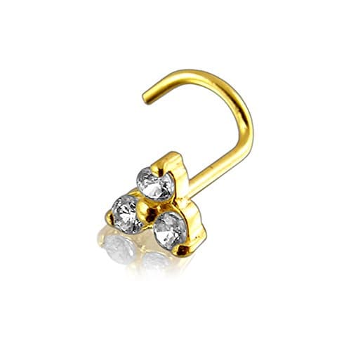 14K Solid Yellow Gold Triple Stone Nose Piecing Body Jewelry