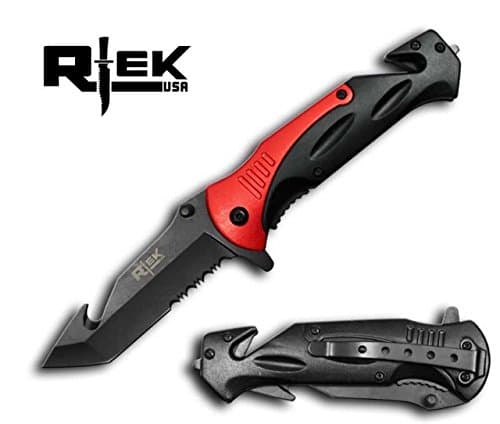 Rtek USA Heavy Duty Red Spring Assist Folding Knife with Guthook Blade, 8"