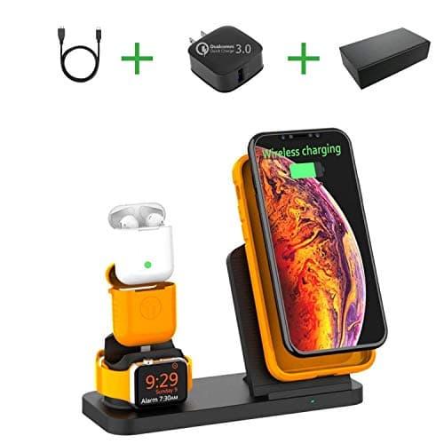 Upgraded for Watch 4, 3 in 1 Wireless Charging Station Stand, Charger Dock Compatible with iPhone Xs/Xs Max/XR/X /8/8 Plus + Apple Watch Series 4/3/2/1 + AirPods, with QC3 Adapter
