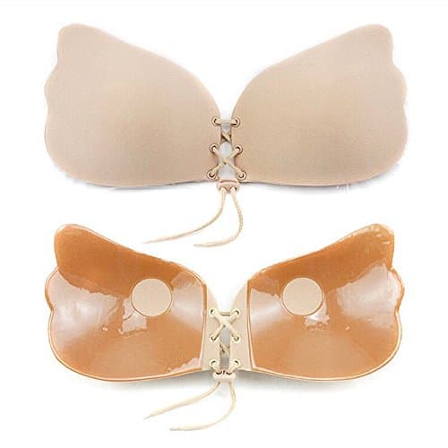 Lace-Up Adhesive Push-Up Sticky Bra Backless Strapless Reusable Black Nude (L/XL, Nude)
