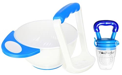 Baby Fresh Food Feeder Teether | Mash and Serve Feeding Bowl for Homemade Baby Food by PomPerfect (Blue)