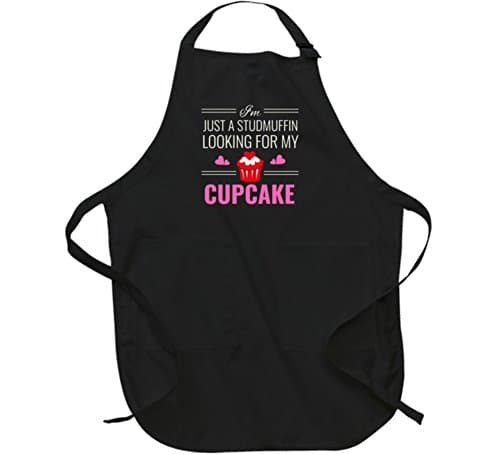 PHOENIX FINDS TREASURES Funny Baking Apron With Pockets I'm Just A Studmuffin Looking For My Cupcake Adjustable Neck Tie Sleeveless Smock Long Romper Pinafore L Black