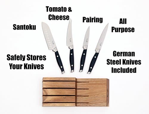 4 Knife Food Preparation Starter Cutlery Set with Solid Acacia In Drawer Storage Knife Block Included, Knives with German Steel