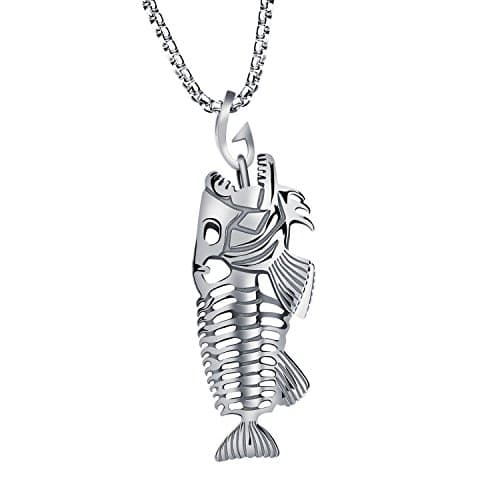Devildom Fish Bone & Fishing Hook Pendant Necklace 316L Steel Link Chain For Men 3 Colors (Silver)