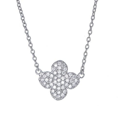 Sterling Silver Pendant Necklace with CZ Crystal Pave 4 Leaf Clover Charm, Rhodium Plated 925 Silver, Adjustable Chain Length 16" - 18", with Jewelry Box