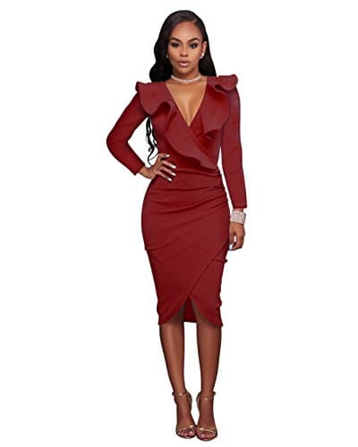 VERTTEE V Neck Ruffle Plain Bodycon Sleeveless Midi Tight Wrap Women's Party Dress Woman Dress