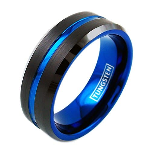 Beautiful Black Tungsten Ring w/ Cool Thin Blue Line Stripe &amp; Stunning Blue Inner Band. 6mm and 8mm. (8mm, 11)